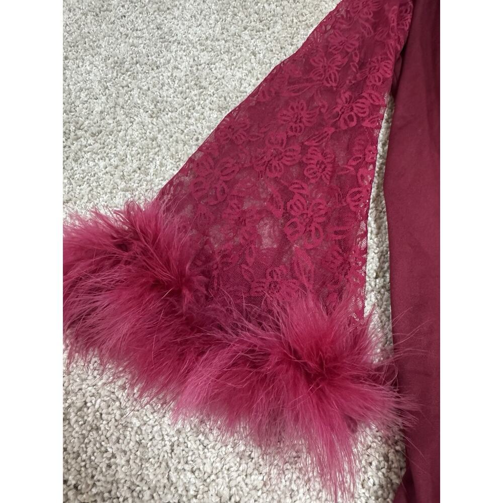 Burgundy 4pc Lace Rhinestone Heart Lingerie Set Robe Bra Garter Thong Choker M/L - Picture 4 of 10